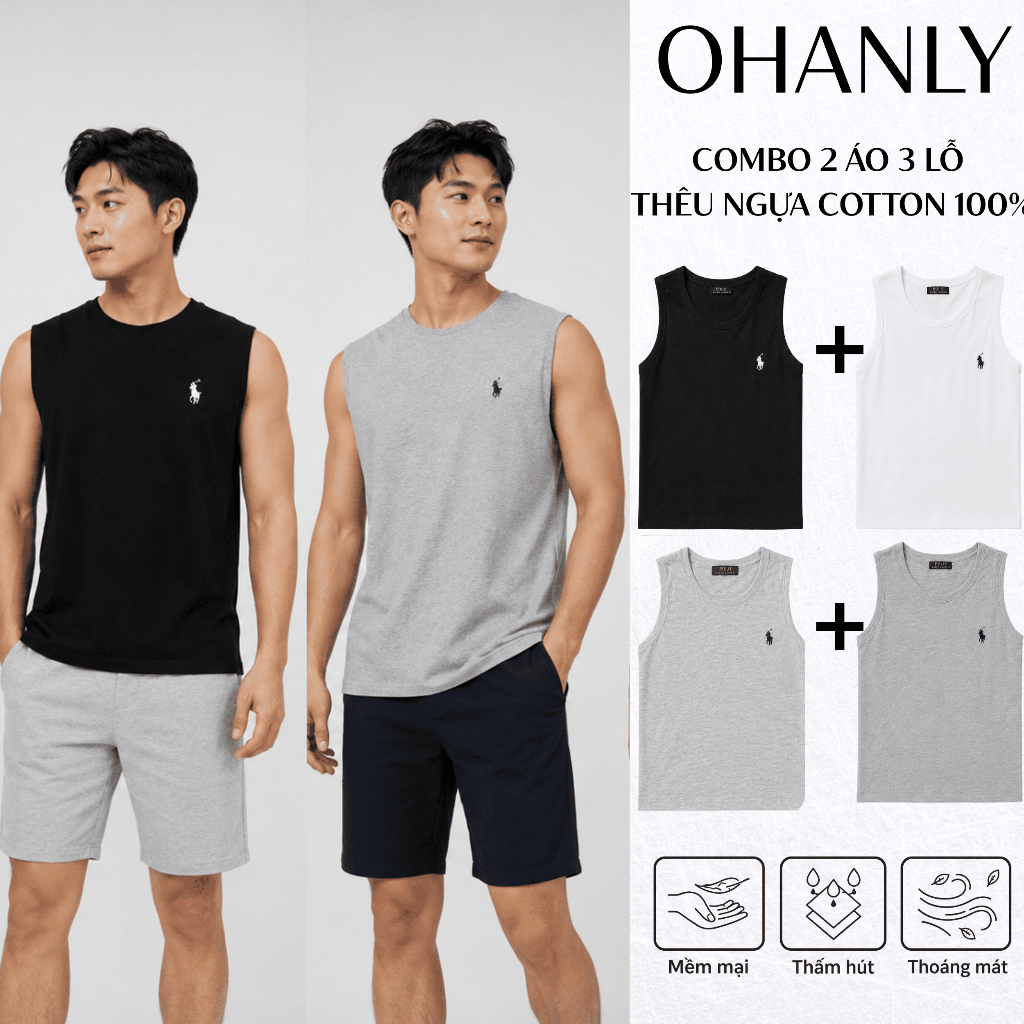 Combo 2 Áo Tank Top Nam Thêu Ngựa OHANLY Cotton 100% Form Regular Áo Ba Lỗ Nam Mặc Gym Thể Thao