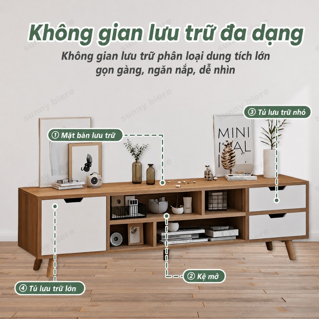 Kệ tivi bắc âu Màu gỗ sáng Cửa trắng Tối giản Ngăn kín giấu đồ Kệ mở Chân cao Dễ lau đẹp 𝙎𝙐𝙉𝙉𝙔 𝘽𝙄𝙀𝙍𝙀
