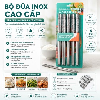 Đũa Inox 304 Chống Trượt - Vỉ 5 Đôi Đũa Xoắn Chống Bỏng, Không Ẩm Mốc, Dễ Vệ Sinh