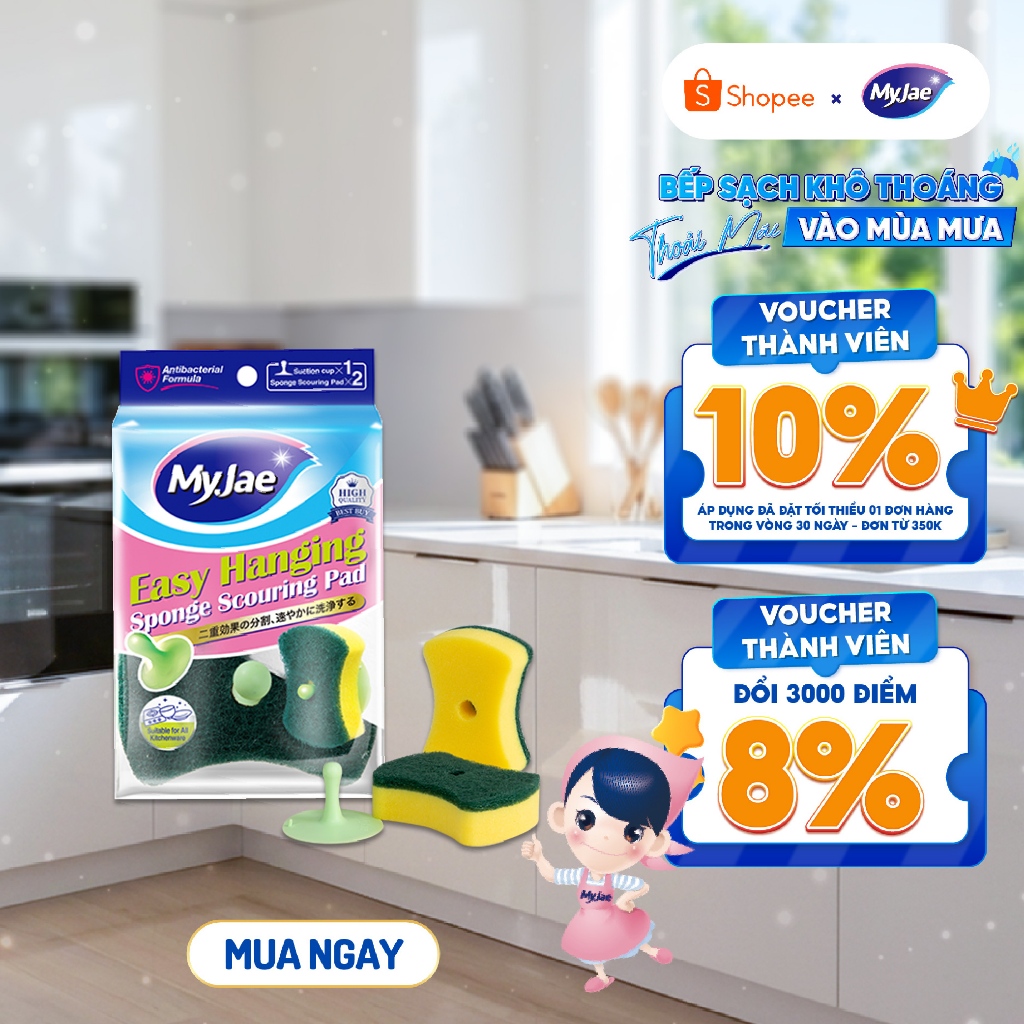 Miếng bọt biển rửa chén MyJae 2 mặt, mút xốp rửa bát đa năng kèm miếng nhựa hít kê (2 miếng/gói)