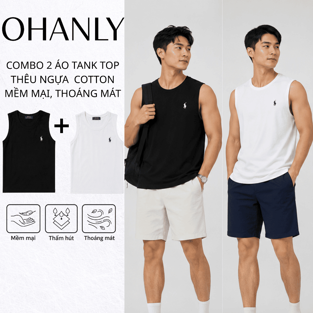 Combo 2 Áo Tank Top Nam Thêu Ngựa OHANLY Cotton 100% Form Regular Áo Ba Lỗ Nam Mặc Gym Thể Thao