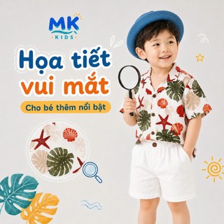 Set Bộ Bé Trai Shell MK Kids Áo Sơ Mi Họa Tiết Mát Mẻ - Đi Chơi Đi Biển Mùa Hè - Chất Đũi Tơ 2-8 Tuổi