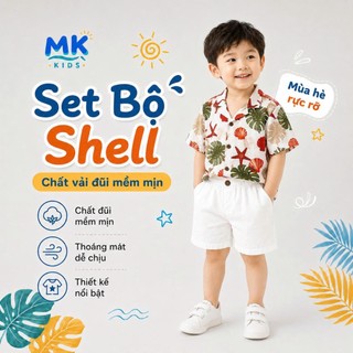 Set Bộ Bé Trai Shell MK Kids Áo Sơ Mi Họa Tiết Mát Mẻ - Đi Chơi Đi Biển Mùa Hè - Chất Đũi Tơ 2-8 Tuổi