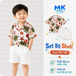 Set Bộ Bé Trai Shell MK Kids Áo Sơ Mi Họa Tiết Mát Mẻ - Đi Chơi Đi Biển Mùa Hè - Chất Đũi Tơ 2-8 Tuổi