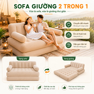 Sofa Hơi Tự Bơm Điện 2 Trong 1, Giường Sofa Gấp Gọn Nhung Mềm Êm Ái Kèm Đèn Chịu Tải 450kg Cho Phòng Khách Dã Ngoại