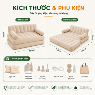 Sofa Hơi Tự Bơm Điện 2 Trong 1, Giường Sofa Gấp Gọn Nhung Mềm Êm Ái Kèm Đèn Chịu Tải 450kg Cho Phòng Khách Dã Ngoại