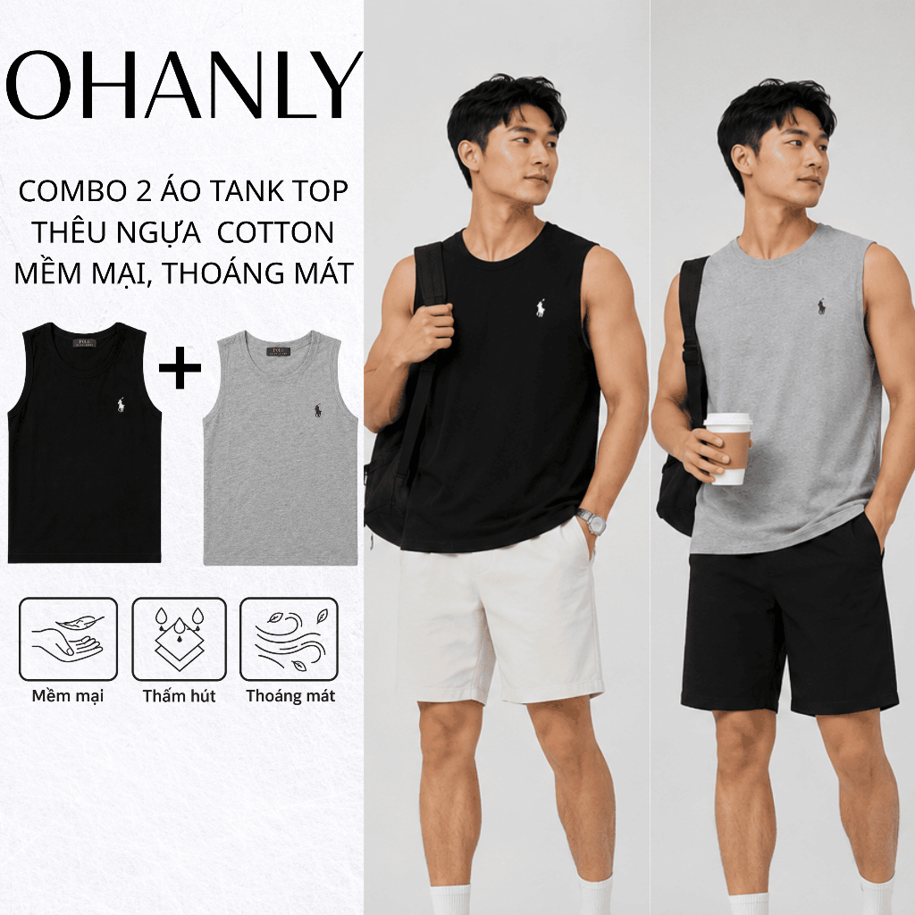 Combo 2 Áo Tank Top Nam Thêu Ngựa OHANLY Cotton 100% Form Regular Áo Ba Lỗ Nam Mặc Gym Thể Thao