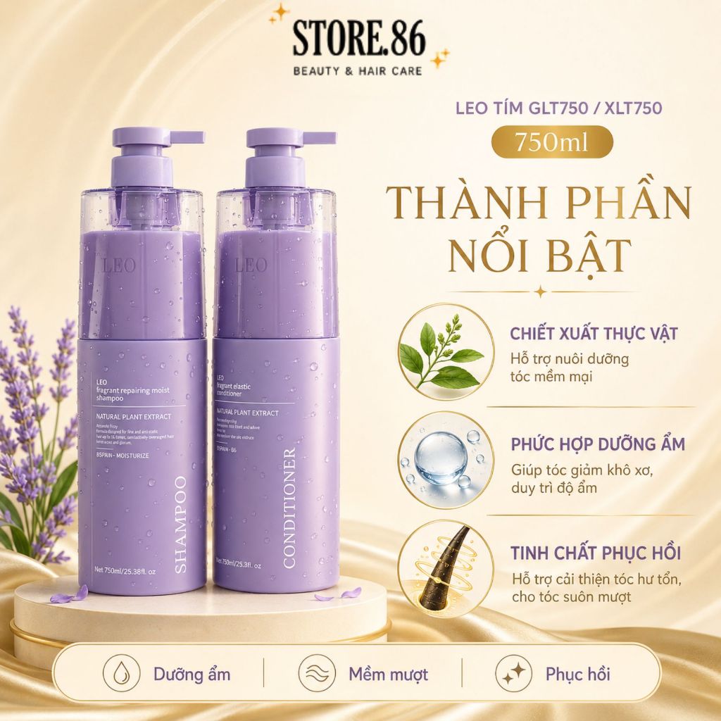 Cặp Dầu Gội Xả Leo Tím GLT750/XLT750 750ml | Dưỡng Tóc Mềm Mượt Cho Tóc Khô Xơ