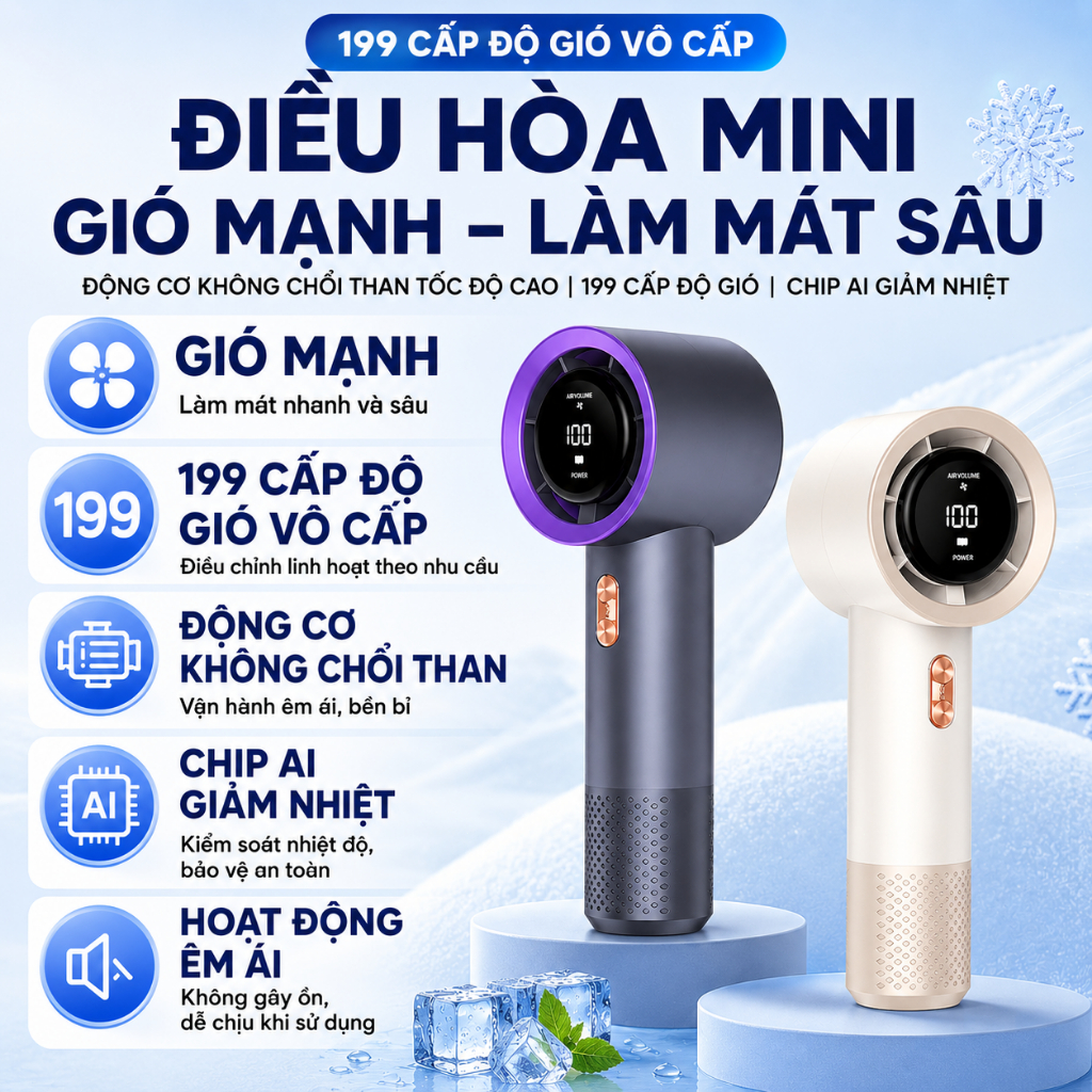 QUẠT CẦM TAY TURBO 2026 – 199 CẤP ĐỘ GIÓ, PIN 5000mAh, MÀN HÌNH LED, GÓI GỌN MẠNH MẼ – HomeEase – Đồ Nhà Xịn