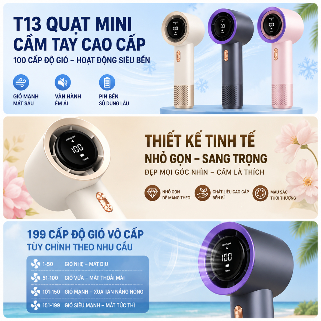 QUẠT CẦM TAY TURBO 2026 – 199 CẤP ĐỘ GIÓ, PIN 5000mAh, MÀN HÌNH LED, GÓI GỌN MẠNH MẼ – HomeEase – Đồ Nhà Xịn