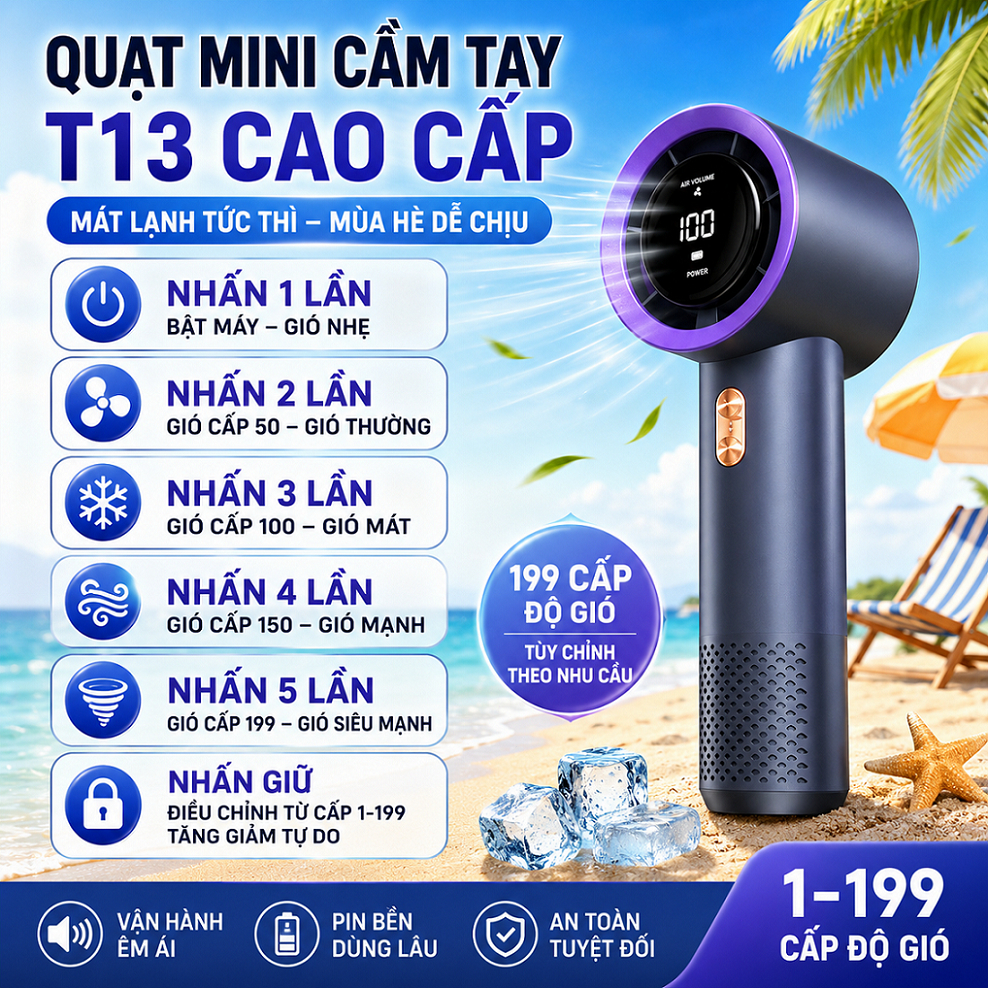 QUẠT CẦM TAY TURBO 2026 – 199 CẤP ĐỘ GIÓ, PIN 5000mAh, MÀN HÌNH LED, GÓI GỌN MẠNH MẼ – HomeEase – Đồ Nhà Xịn