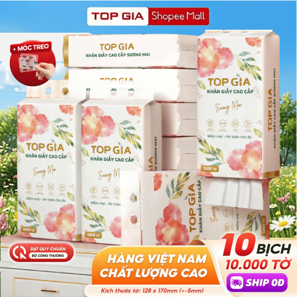 Thùng 10 bịch khăn giấy rút đáy Sương Mai TopGia mềm mịn 10000 tờ hàng Việt Nam 4 lớp dày dai