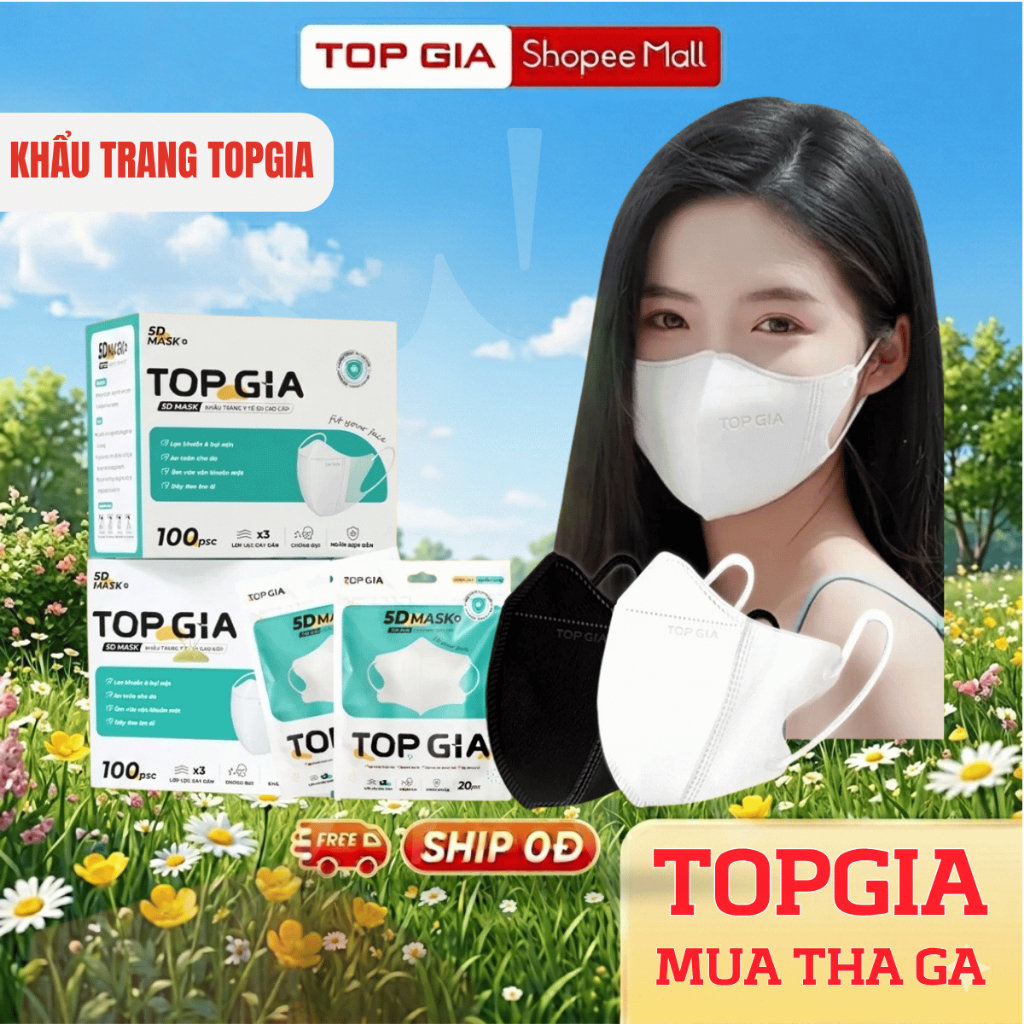 Khẩu trang 5D cải tiến TopGia an toàn, thoáng khí, ngăn bụi mịn, 3 lớp vải không dệt cao cấp