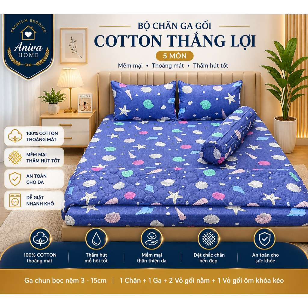 Bộ Chăn Ga Gối Cotton Thắng Lợi 5 Món 1m8x2m Aniva Home, Ga Chun Bọc Nệm, Cotton Cao Cấp Thoáng Mát