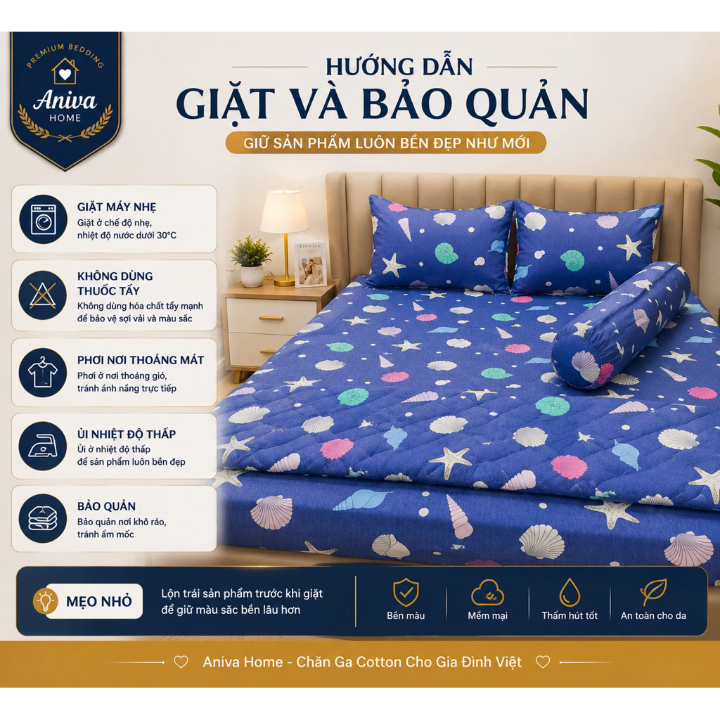 Bộ Chăn Ga Gối Cotton Thắng Lợi 5 Món 1m8x2m Aniva Home, Ga Chun Bọc Nệm, Cotton Cao Cấp Thoáng Mát