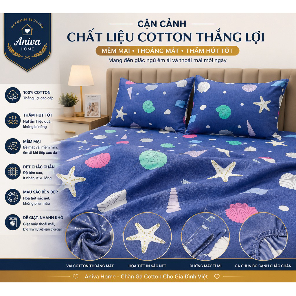 Bộ Chăn Ga Gối Cotton Thắng Lợi 5 Món 1m8x2m Aniva Home, Ga Chun Bọc Nệm, Cotton Cao Cấp Thoáng Mát