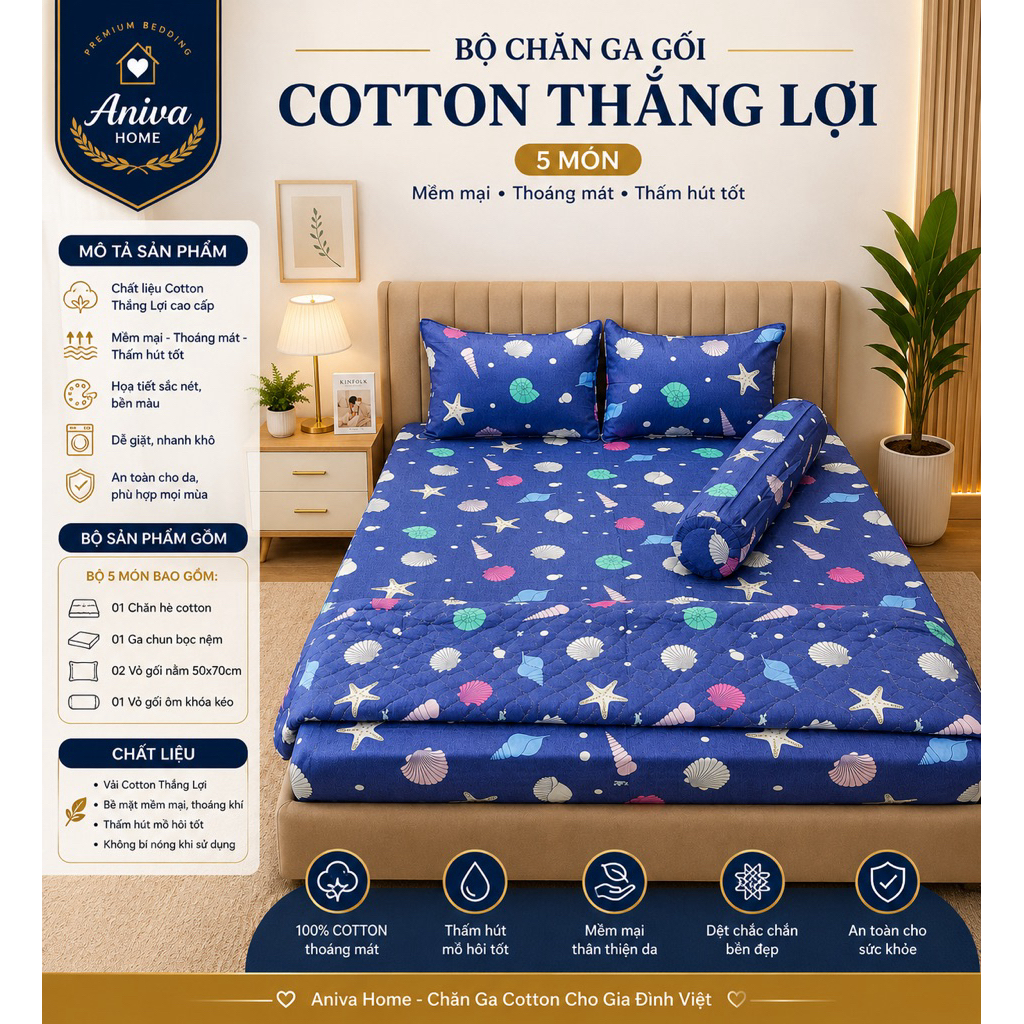 Bộ Chăn Ga Gối Cotton Thắng Lợi 5 Món 1m8x2m Aniva Home, Ga Chun Bọc Nệm, Cotton Cao Cấp Thoáng Mát