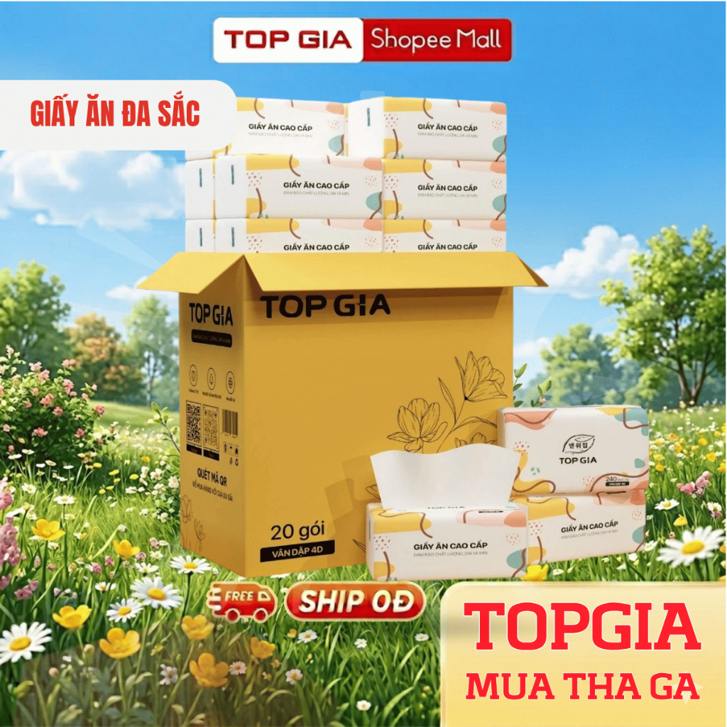 Giấy ăn rút Topgia thùng 20 gói đa sắc cao cấp 240 tờ 4 lớp, dập vân 4D, mềm mịn, thấm hút tốt