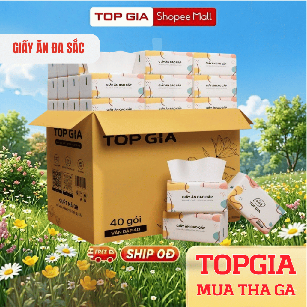 Giấy ăn rút Topgia thùng 40 gói đa sắc cao cấp 240 tờ 4 lớp, dập vân 4D, mềm mịn, thấm hút tốt