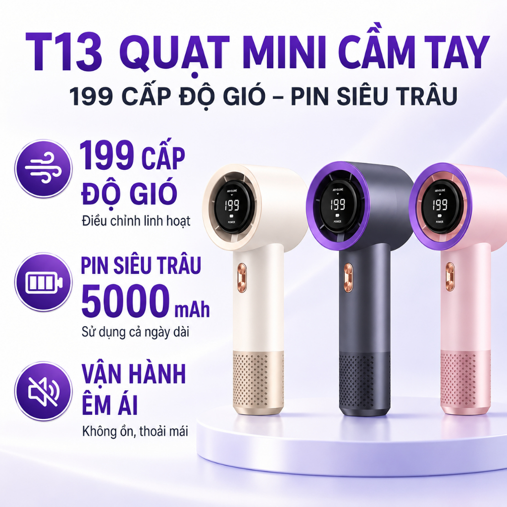 QUẠT CẦM TAY TURBO 2026 – 199 CẤP ĐỘ GIÓ, PIN 5000mAh, MÀN HÌNH LED, GÓI GỌN MẠNH MẼ – HomeEase – Đồ Nhà Xịn