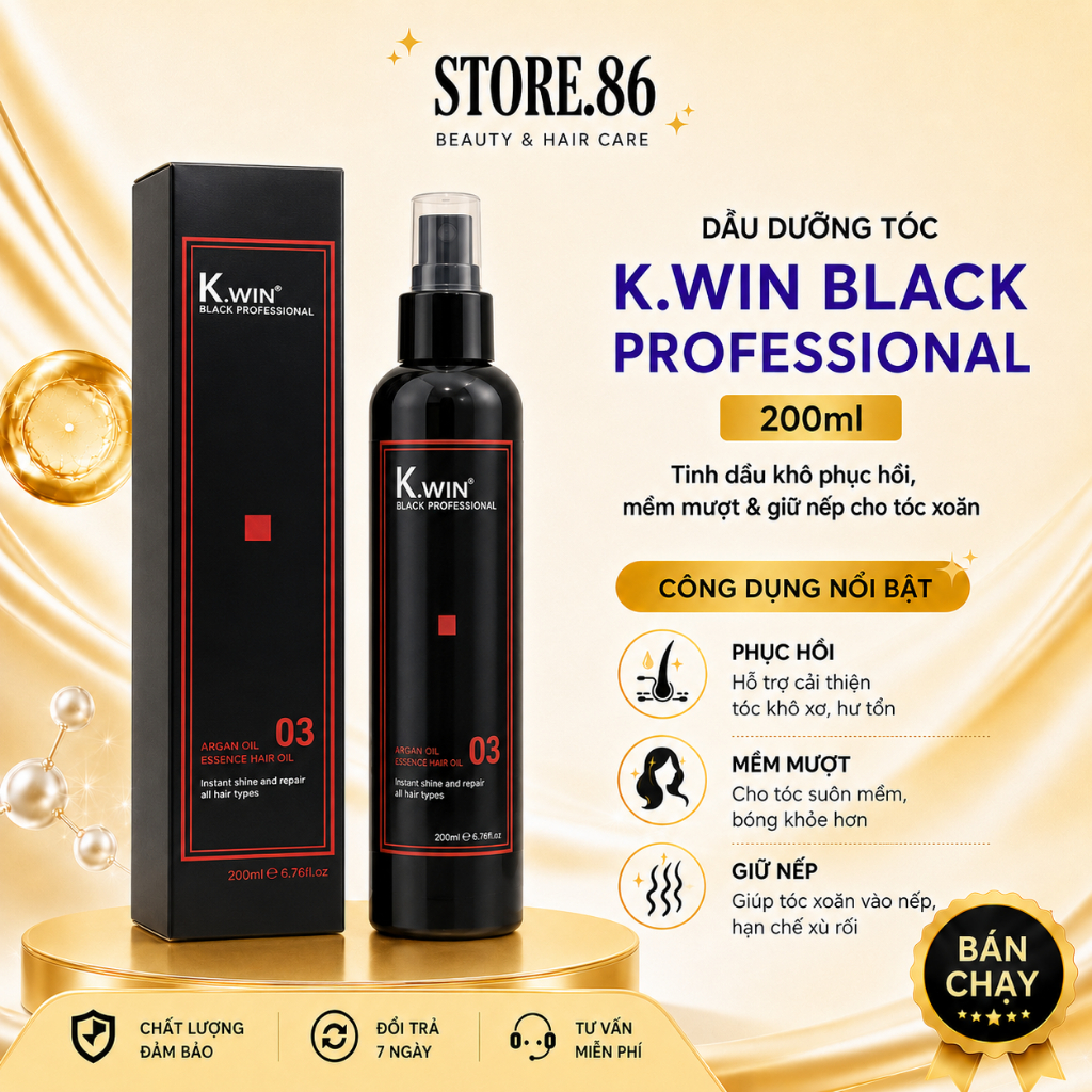 Tinh Dầu Khô K.Win Black Professional 200ml | Dưỡng Tóc Mềm Mượt & Hỗ Trợ Tóc Xoăn Vào Nếp