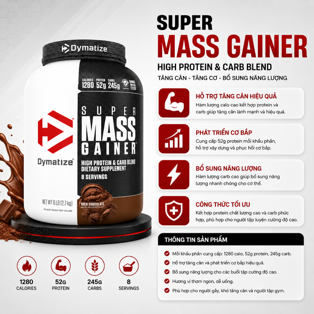 Dymatize Super Mass Gainer (6Lbs/2.7Kg) - Bột Sữa Protein Carb Dạng Bột Chất Lượng