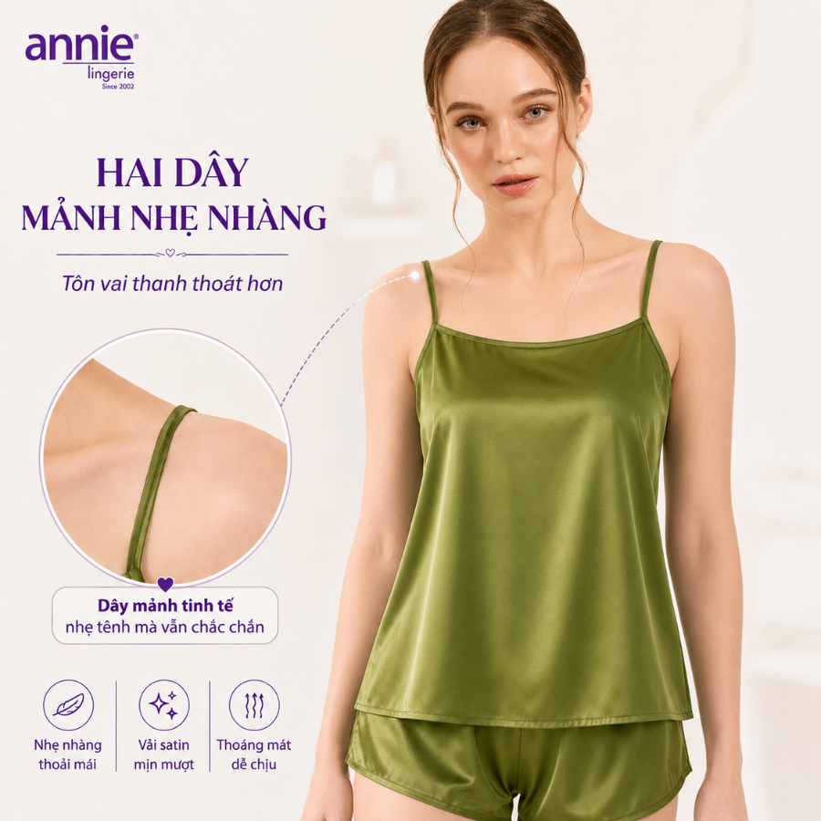 Bộ Đồ Ngủ Nữ Lụa Satin annie Cổ Ngang AL 6047 Mặc Nhà Cao Cấp, Mềm Mại Bóng Mịn, Thoáng Mát Sang Trọng