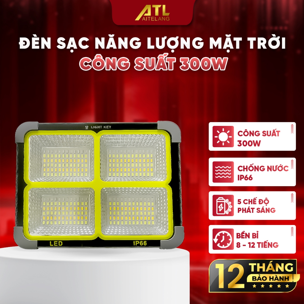 Đèn năng lượng mặt trời cầm tay 300W, đèn pha LED tích điện 4800mAh,đèn pha 4cụm led,chống nước IP66