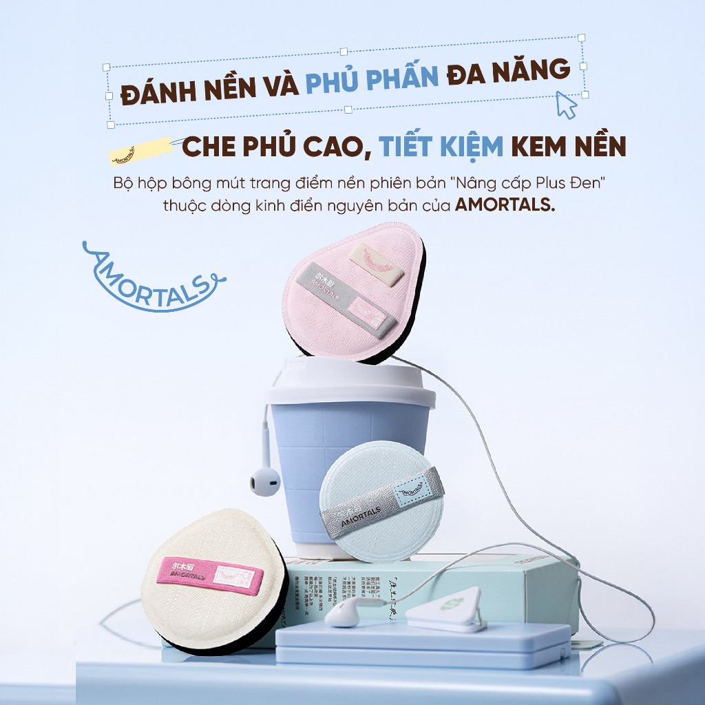 Bộ Bông Mút Trang Điểm Plus Đen Amortals – Mút Rubycell Dày 20mm, Che Phủ Cao, Không Hút Kem