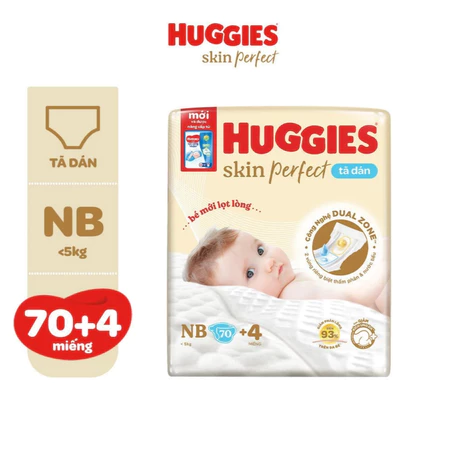 Tã bỉm Dán / Quần Huggies Skin Perfect NB70+4 / S80+2 / M76+3 Miếng 02 Vùng Thấm Hút Riêng Biệt