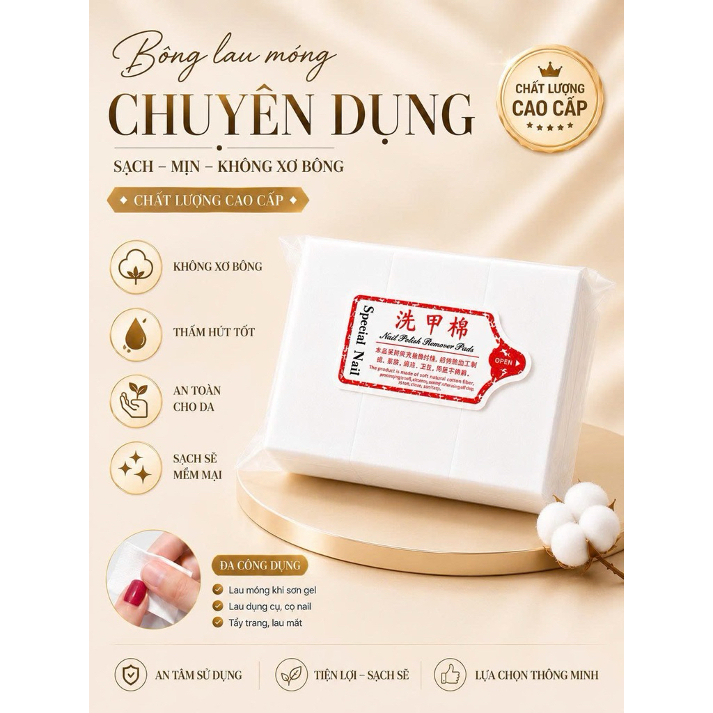 Bông Lau Móng Nail Không Xơ 1000 Miếng Cao Cấp - Khăn Lau Gel Nail Chuyên Dụng Cho Tiệm Nail