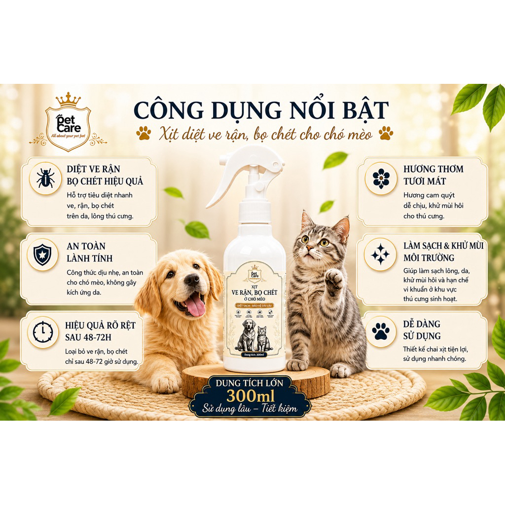 XỊT VE RẬN BỌ CHÉT CHO CHÓ MÈO Pet Care 300ML an toàn lành tính hiệu quả trong 48-72 giờ