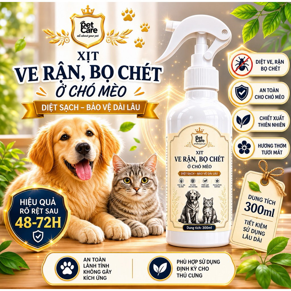 XỊT VE RẬN BỌ CHÉT CHO CHÓ MÈO Pet Care 300ML an toàn lành tính hiệu quả trong 48-72 giờ