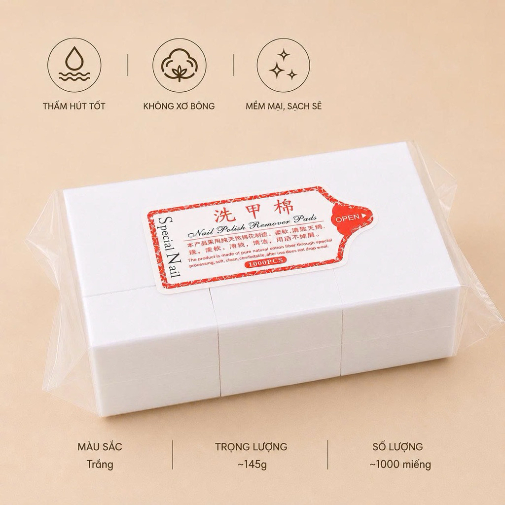 Bông Lau Móng Nail Không Xơ 1000 Miếng Cao Cấp - Khăn Lau Gel Nail Chuyên Dụng Cho Tiệm Nail