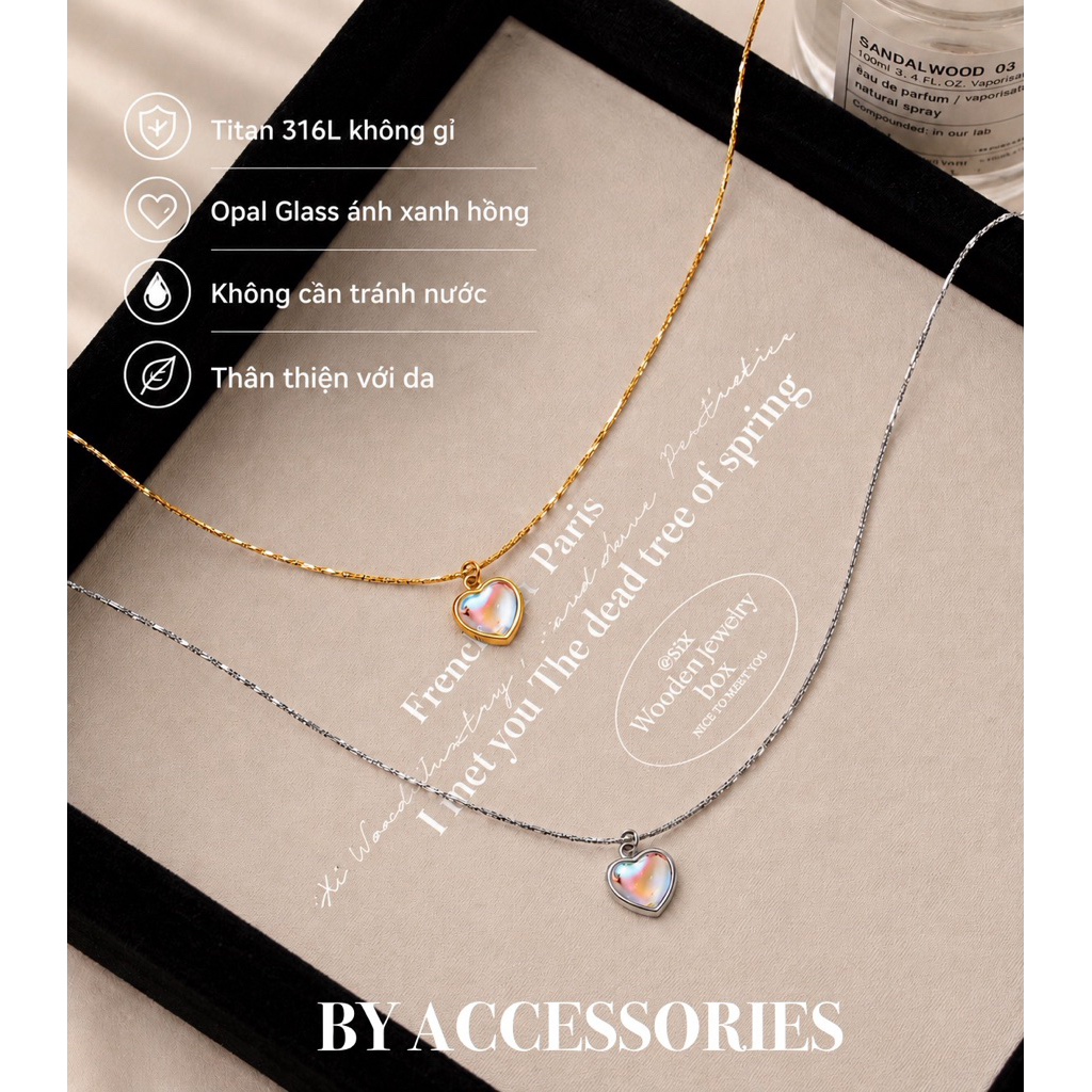 Dây chuyền nữ titan mặt trái tim opal glass ánh màu xanh hồng không gỉ BY ACCESSORIES
