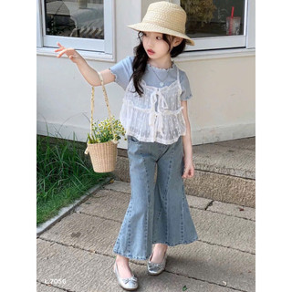 Set áo xanh mix ren trắng bé