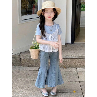 Set áo xanh mix ren trắng bé