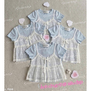 Set áo xanh mix ren trắng bé