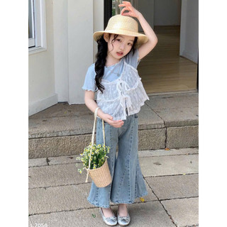 Set áo xanh mix ren trắng bé