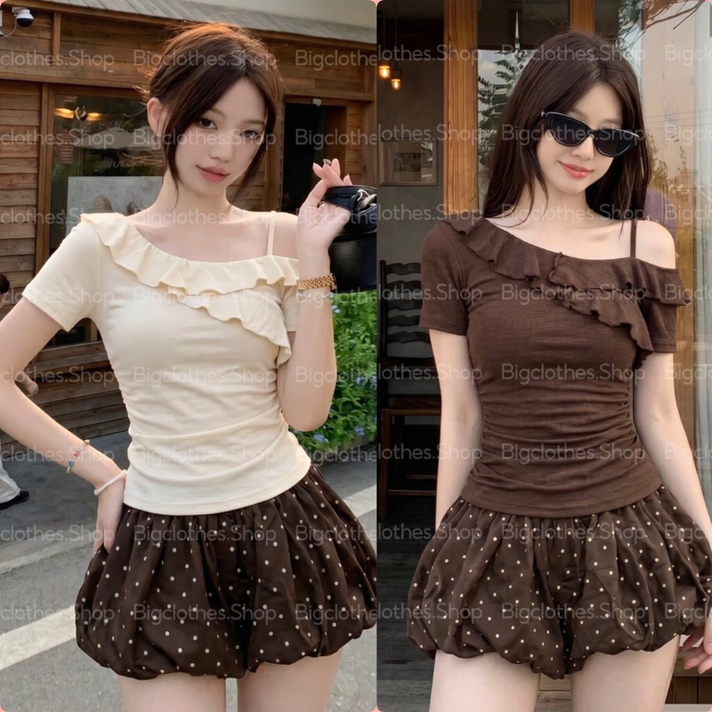 Áo kiểu tiểu thư lệch vai phối dây viền bèo nhún hai tầng A152 | BigBuy360 - bigbuy360.vn