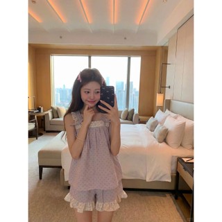 Đồ Ngủ Babydoll Nữ Quai Bèo Phối Ren - Set Mặc Nhà Chấm Bi Tím JOIE TRENDY Xòe Giấu Bụng Rút Dây Vai