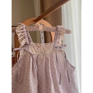Đồ Ngủ Babydoll Nữ Quai Bèo Phối Ren - Set Mặc Nhà Chấm Bi Tím JOIE TRENDY Xòe Giấu Bụng Rút Dây Vai