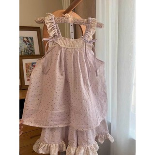 Đồ Ngủ Babydoll Nữ Quai Bèo Phối Ren - Set Mặc Nhà Chấm Bi Tím JOIE TRENDY Xòe Giấu Bụng Rút Dây Vai