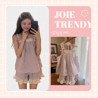Đồ Ngủ Babydoll Nữ Quai Bèo Phối Ren - Set Mặc Nhà Chấm Bi Tím JOIE TRENDY Xòe Giấu Bụng Rút Dây Vai