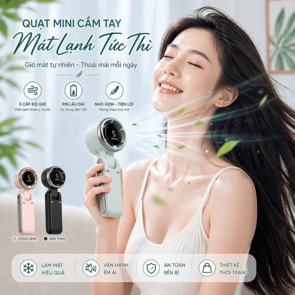 Quạt Cầm Tay Mini 1800mAh 5 Cấp Độ Gió Mạnh Màn Hình Hiển Thị Pin Sạc USB Quạt Tích Điện Du Lịch