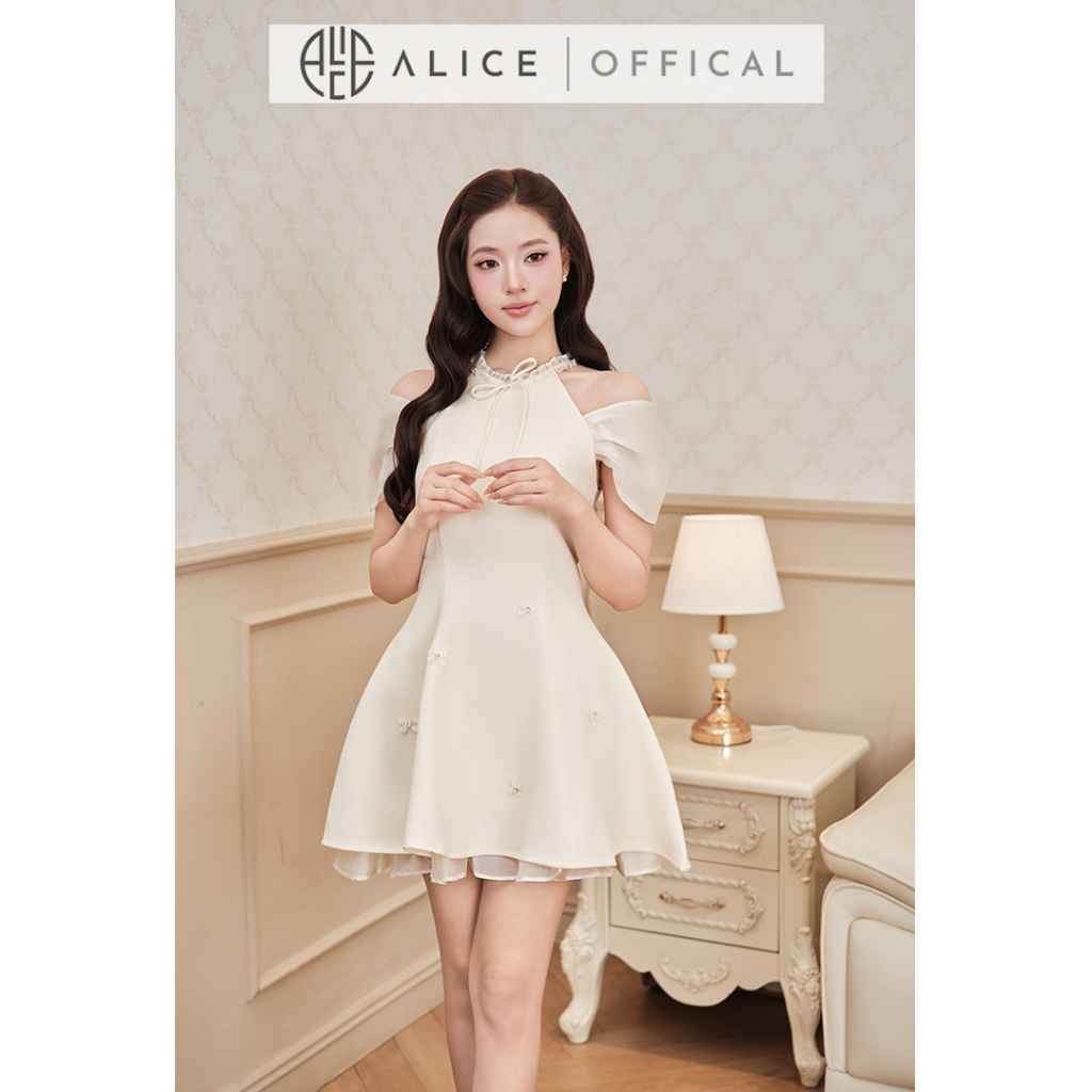 Váy Tiểu Thư Cổ Yếm Alice Chất Chéo Hàn Mềm Mịn, Đầm Ngắn Chữ A Phối Tơ Sang Chảnh T548