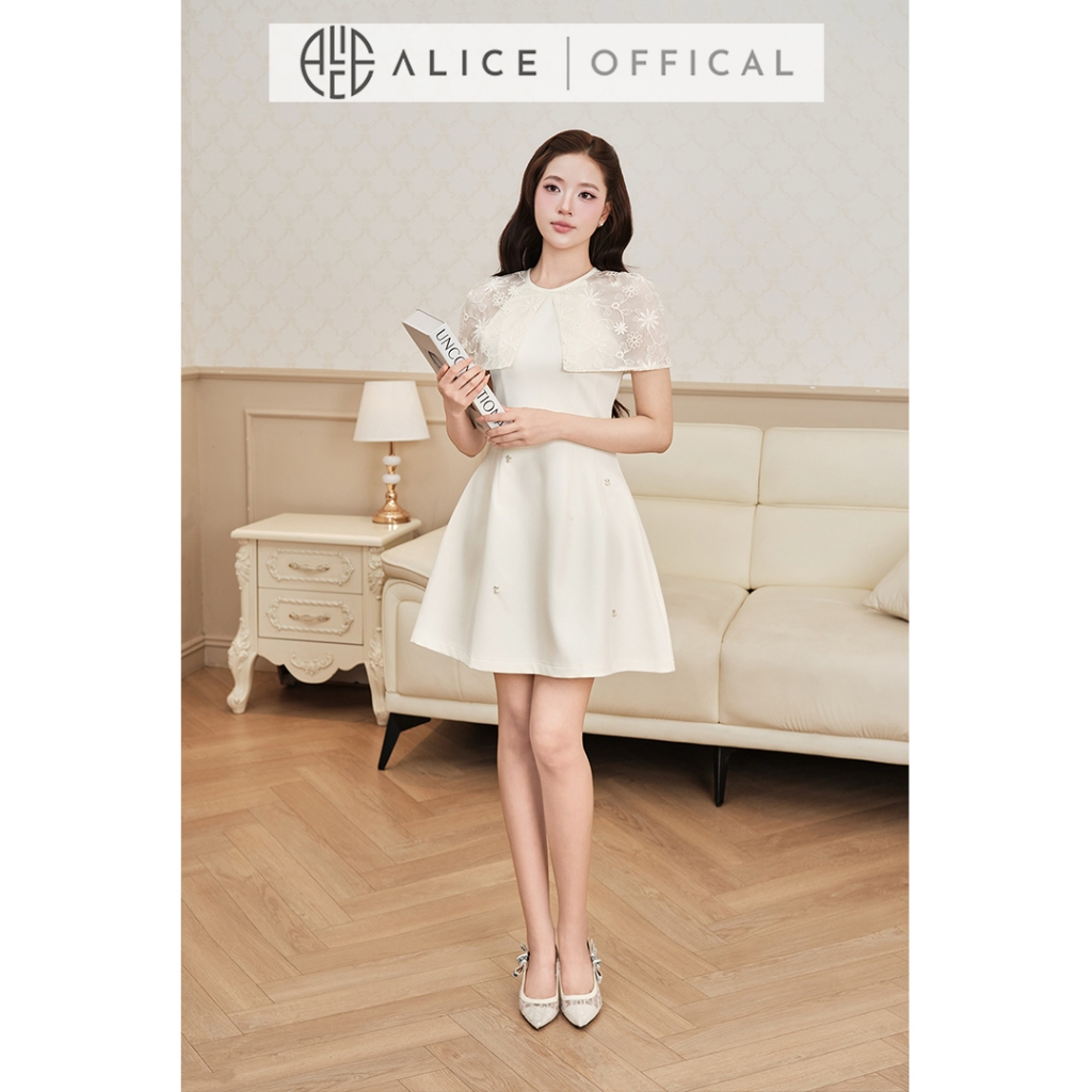 Váy Tiểu Thư Dáng Ngắn Alice, Đầm Dự Tiệc Chữ A Xòe Nhẹ Phối Chùm Vai Chất Tơ Thêu Hoa Nổi T549