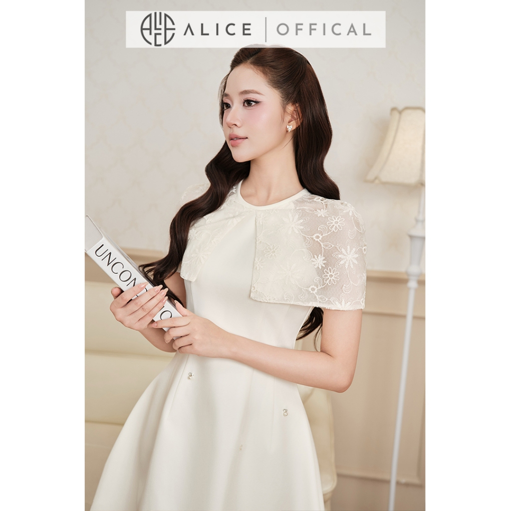Váy Tiểu Thư Dáng Ngắn Alice, Đầm Dự Tiệc Chữ A Xòe Nhẹ Phối Chùm Vai Chất Tơ Thêu Hoa Nổi T549