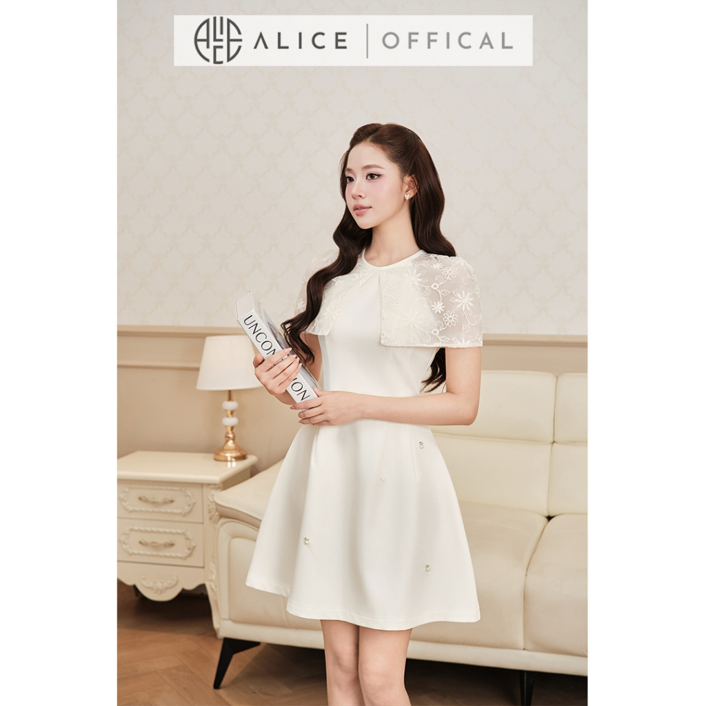 Váy Tiểu Thư Dáng Ngắn Alice, Đầm Dự Tiệc Chữ A Xòe Nhẹ Phối Chùm Vai Chất Tơ Thêu Hoa Nổi T549