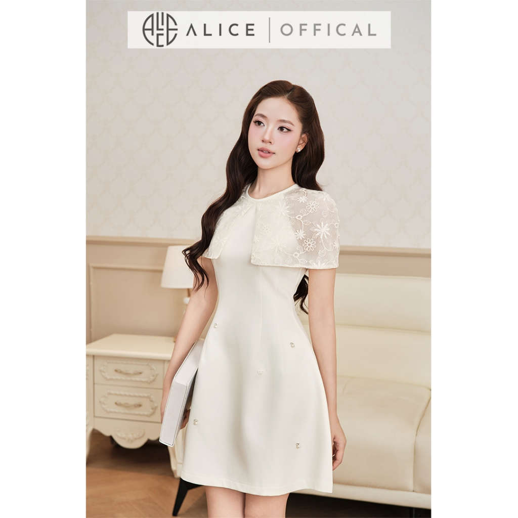 Váy Tiểu Thư Dáng Ngắn Alice, Đầm Dự Tiệc Chữ A Xòe Nhẹ Phối Chùm Vai Chất Tơ Thêu Hoa Nổi T549